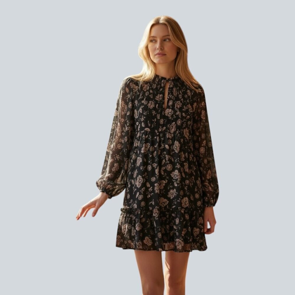 Zara Black With Tan Flowers Long Puffed Sleeved Short Dress Lined Size Small NWT